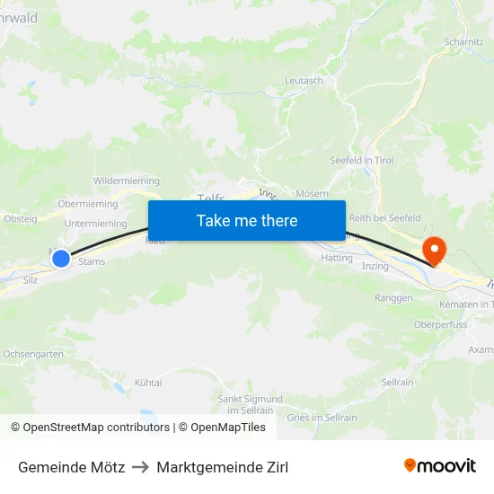 Gemeinde Mötz to Marktgemeinde Zirl map