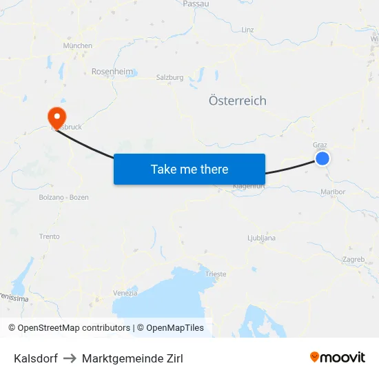 Kalsdorf to Marktgemeinde Zirl map