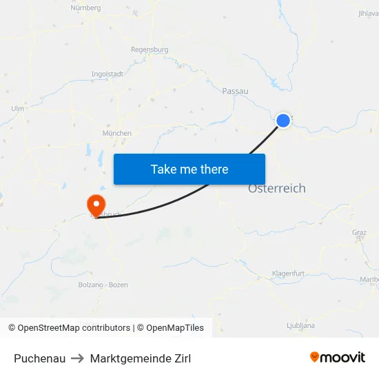 Puchenau to Marktgemeinde Zirl map