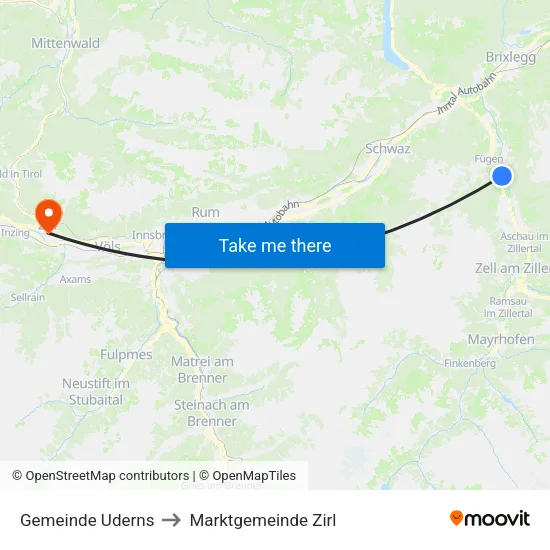 Gemeinde Uderns to Marktgemeinde Zirl map