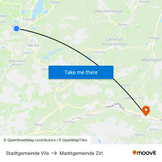Stadtgemeinde Vils to Marktgemeinde Zirl map