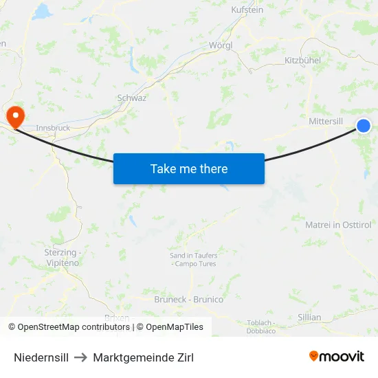 Niedernsill to Marktgemeinde Zirl map