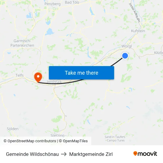 Gemeinde Wildschönau to Marktgemeinde Zirl map