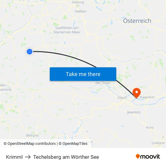 Krimml to Techelsberg am Wörther See map