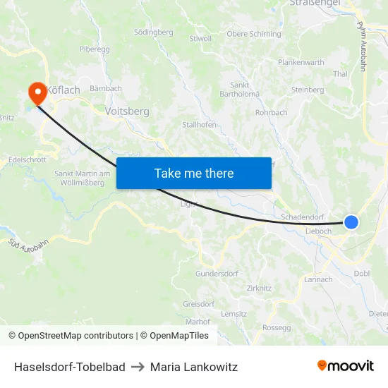 Haselsdorf-Tobelbad to Maria Lankowitz map