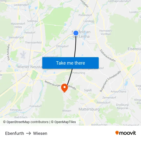 Ebenfurth to Wiesen map