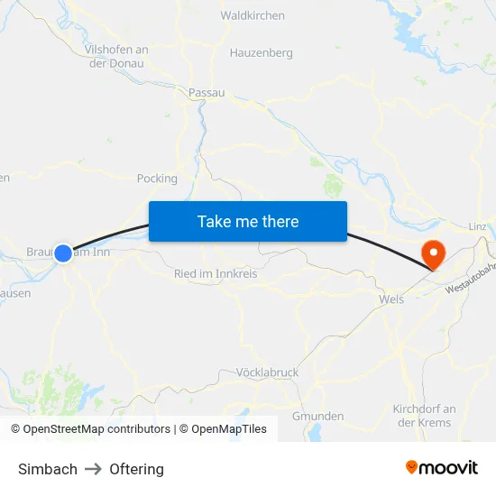 Simbach to Oftering map