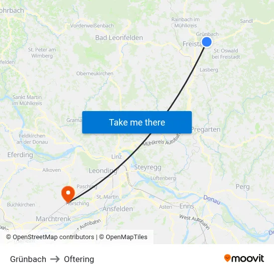 Grünbach to Oftering map