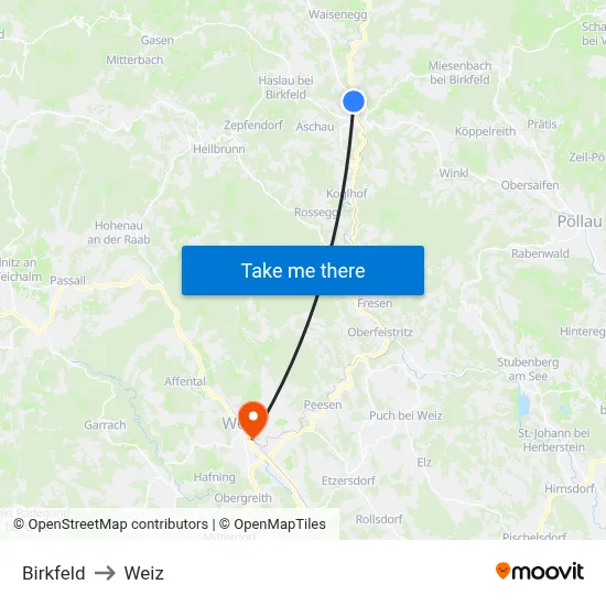 Birkfeld to Weiz map