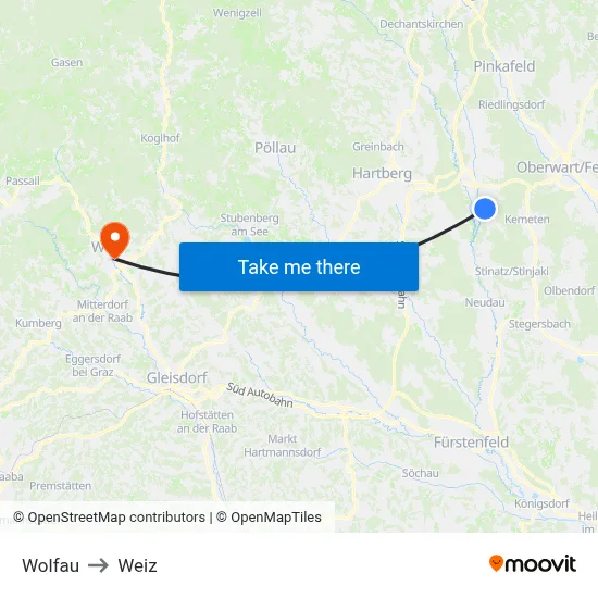 Wolfau to Weiz map