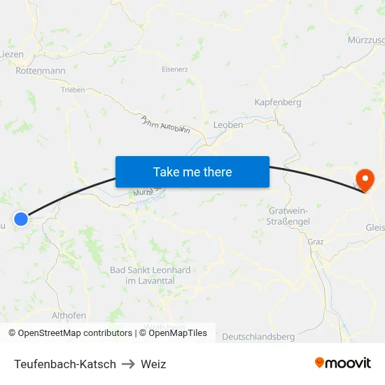 Teufenbach-Katsch to Weiz map