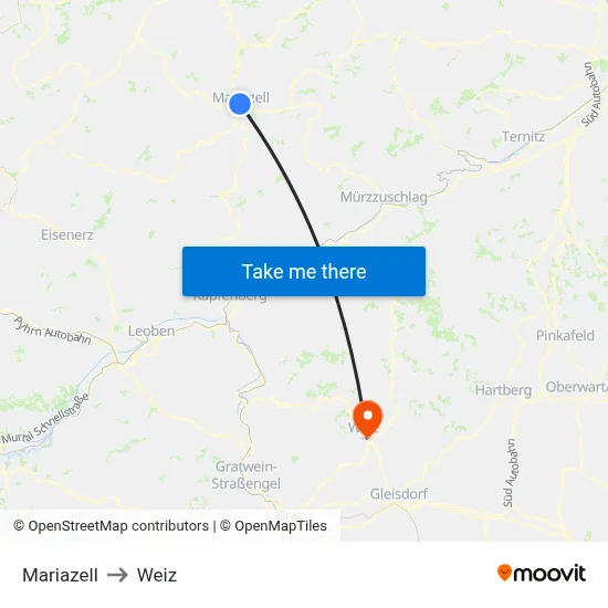Mariazell to Weiz map