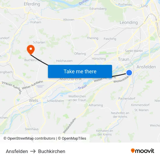 Ansfelden to Buchkirchen map