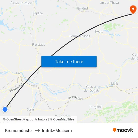 Kremsmünster to Irnfritz-Messern map