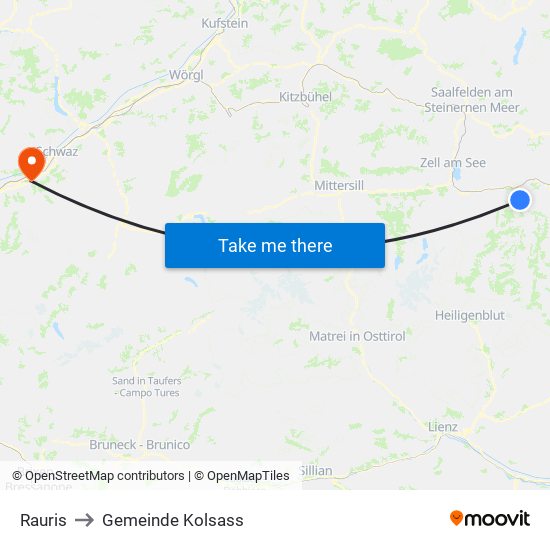Rauris to Gemeinde Kolsass map