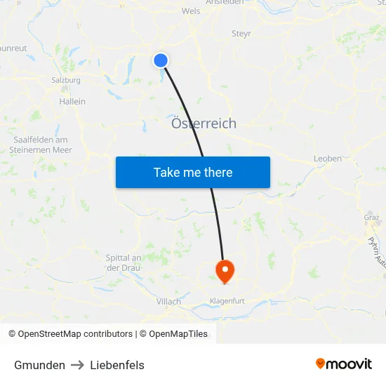 Gmunden to Liebenfels map