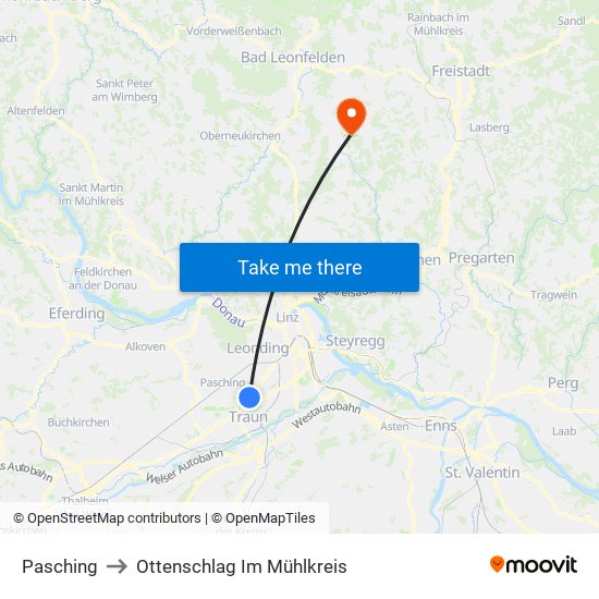 Pasching to Ottenschlag Im Mühlkreis map