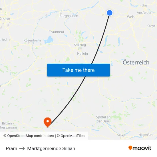 Pram to Marktgemeinde Sillian map