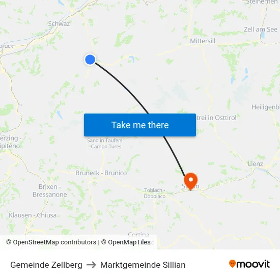 Gemeinde Zellberg to Marktgemeinde Sillian map