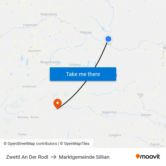 Zwettl An Der Rodl to Marktgemeinde Sillian map