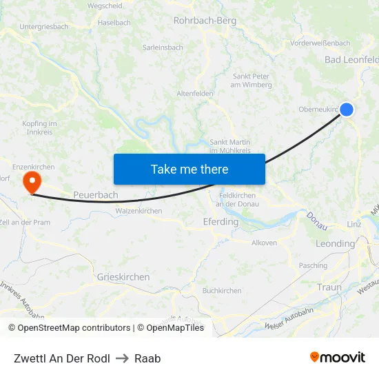 Zwettl An Der Rodl to Raab map