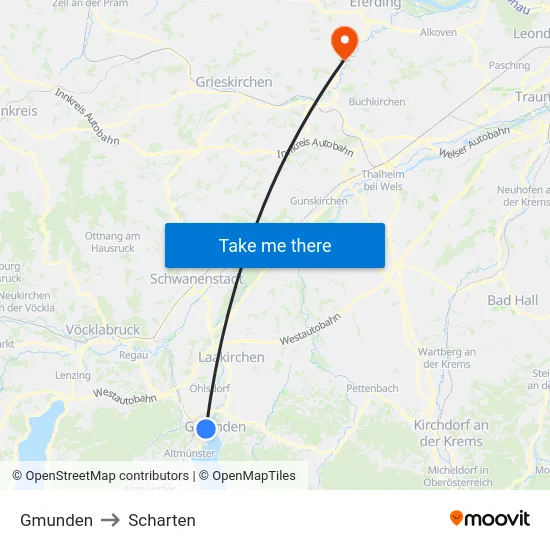 Gmunden to Scharten map