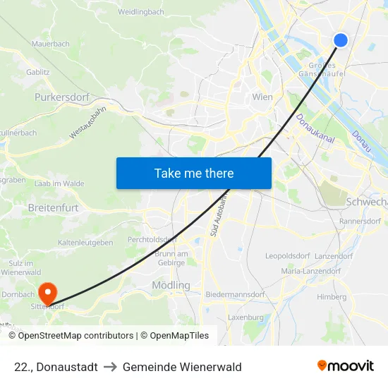 22., Donaustadt to Gemeinde Wienerwald map