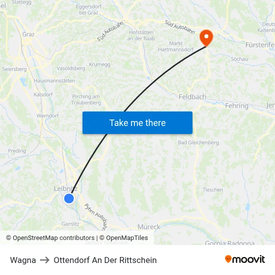 Wagna to Ottendorf An Der Rittschein map