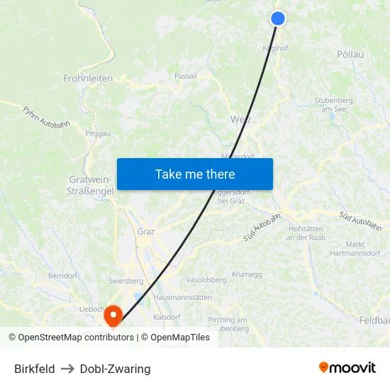 Birkfeld to Dobl-Zwaring map