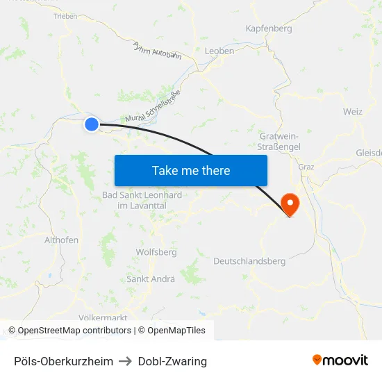 Pöls-Oberkurzheim to Dobl-Zwaring map