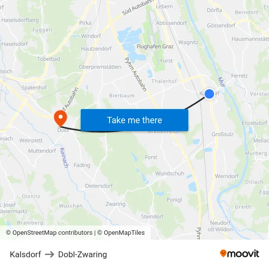 Kalsdorf to Dobl-Zwaring map