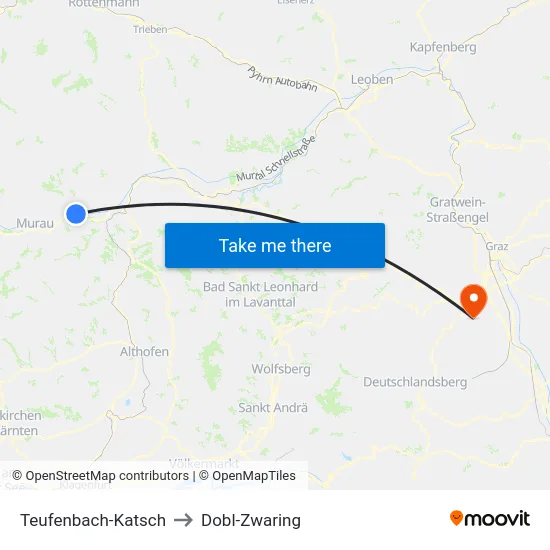 Teufenbach-Katsch to Dobl-Zwaring map