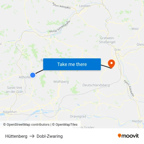 Hüttenberg to Dobl-Zwaring map