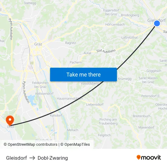 Gleisdorf to Dobl-Zwaring map