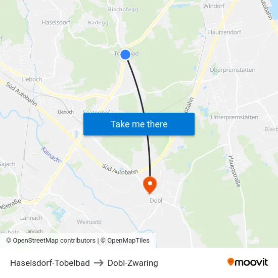 Haselsdorf-Tobelbad to Dobl-Zwaring map