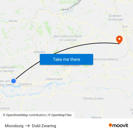 Moosburg to Dobl-Zwaring map