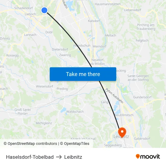 Haselsdorf-Tobelbad to Leibnitz map