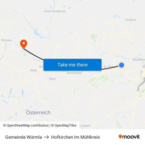 Gemeinde Würmla to Hofkirchen Im Mühlkreis map