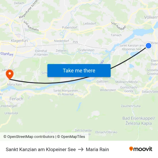 Sankt Kanzian am Klopeiner See to Maria Rain map