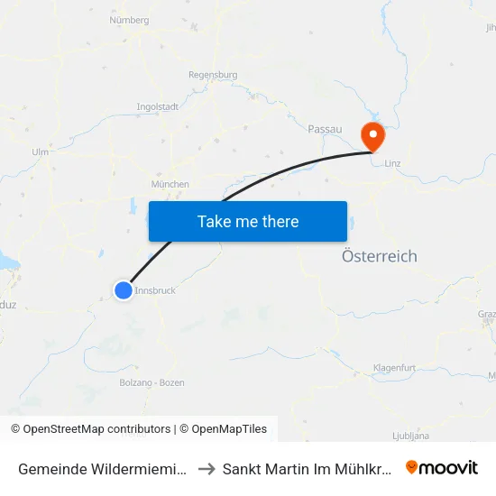 Gemeinde Wildermieming to Sankt Martin Im Mühlkreis map