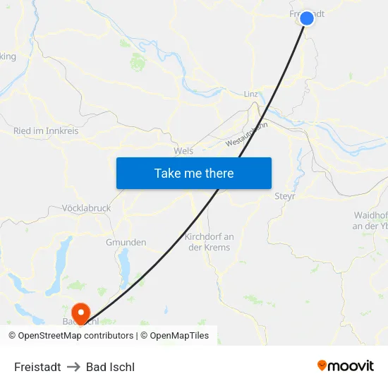 Freistadt to Bad Ischl map