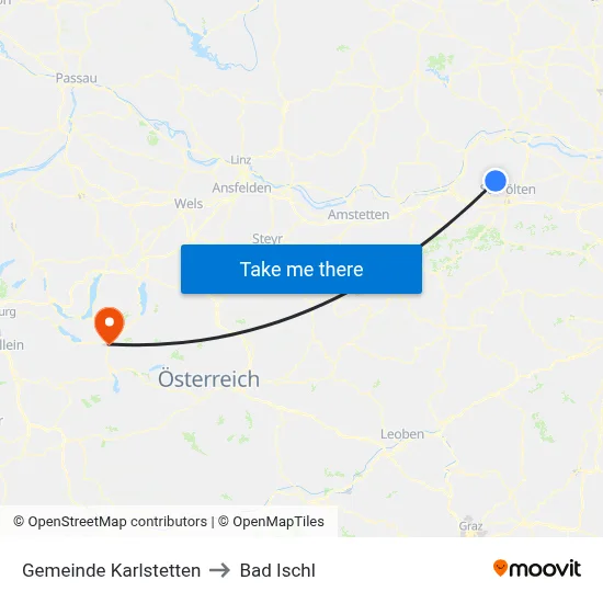 Gemeinde Karlstetten to Bad Ischl map