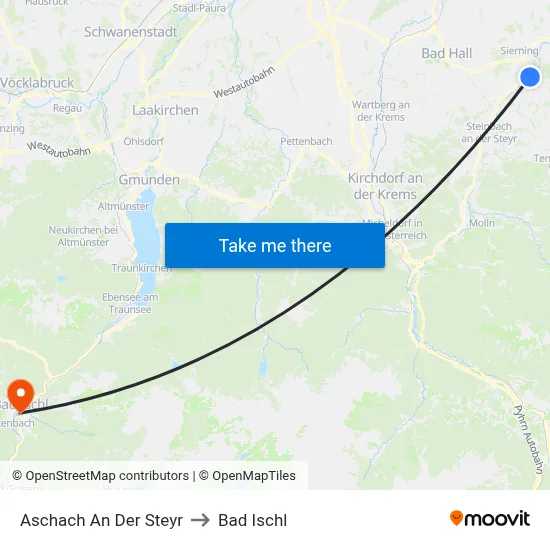 Aschach An Der Steyr to Bad Ischl map