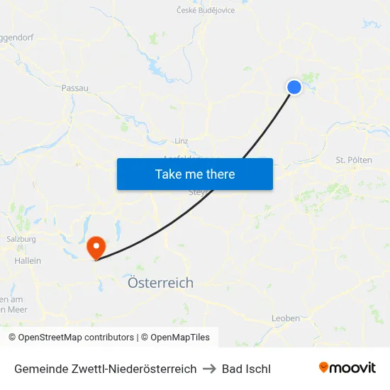 Gemeinde Zwettl-Niederösterreich to Bad Ischl map