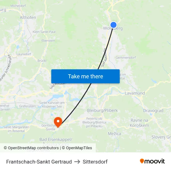 Frantschach-Sankt Gertraud to Sittersdorf map