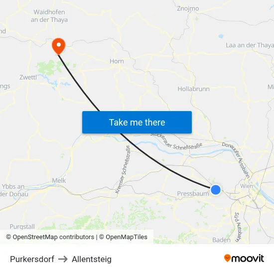 Purkersdorf to Allentsteig map