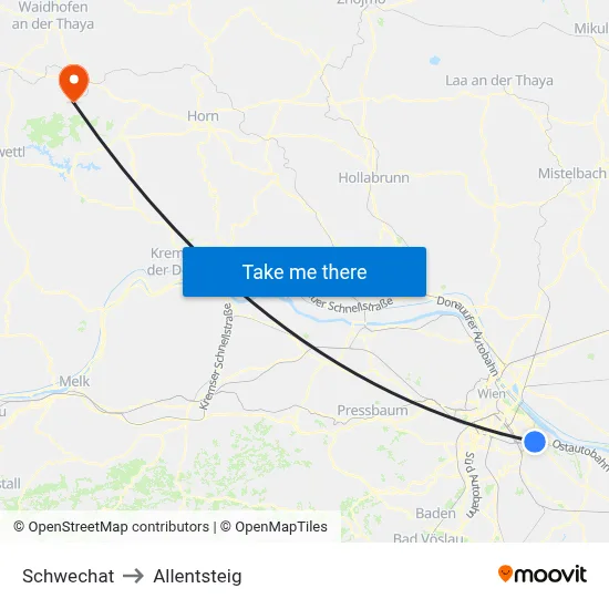 Schwechat to Allentsteig map