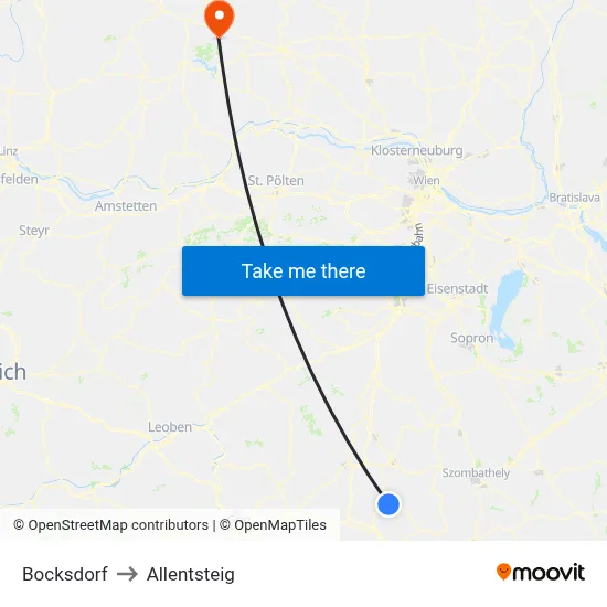 Bocksdorf to Allentsteig map