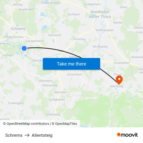 Schrems to Allentsteig map