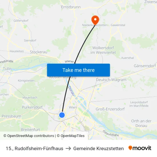 15., Rudolfsheim-Fünfhaus to Gemeinde Kreuzstetten map